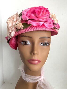 Vintage 1960s Floral Botanical Roses Pink Cloche Pillbox Hat Spring!